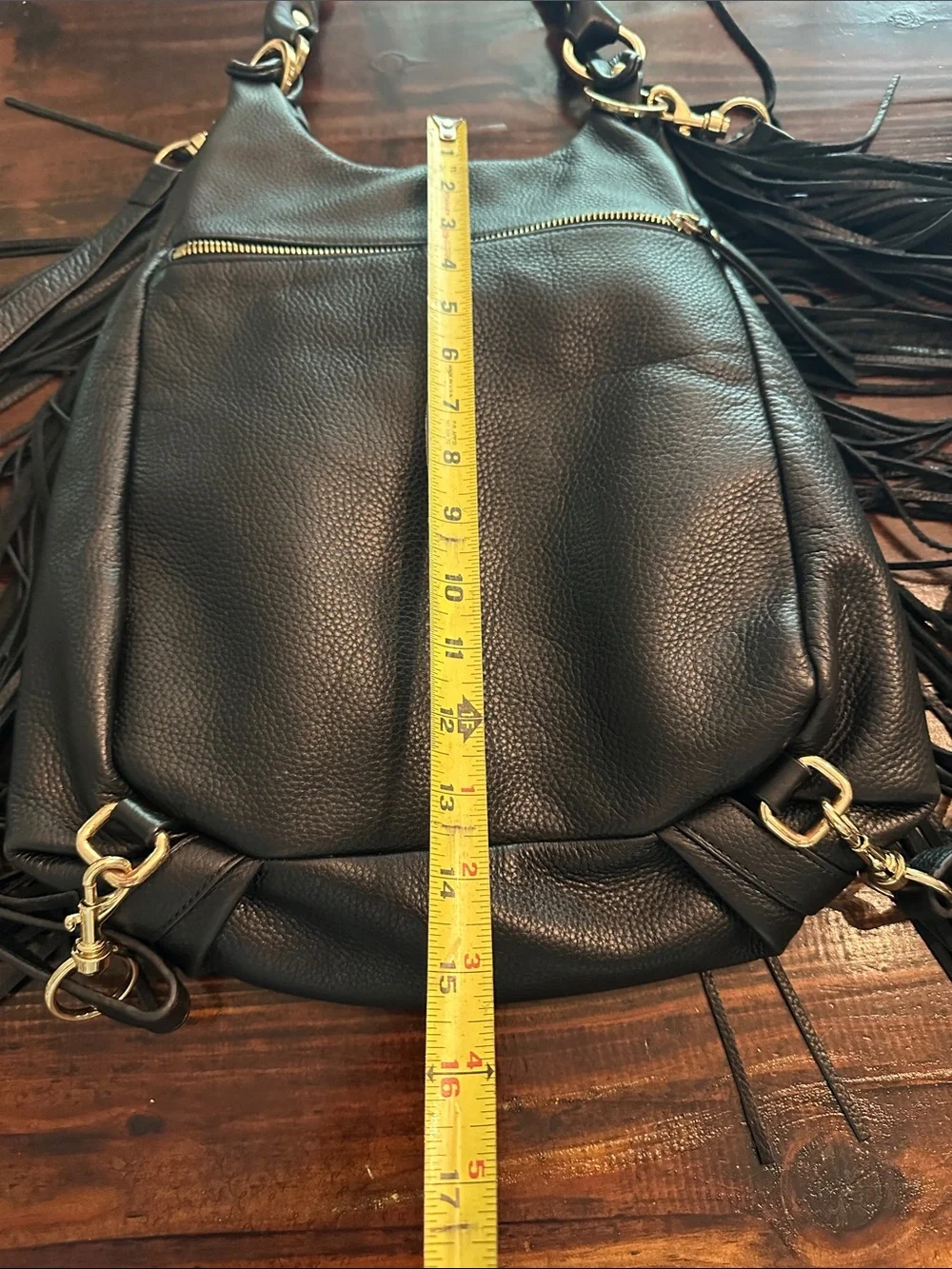 G.I.L.I pebbled black Fringe Leather Hobo backpack shoulder gold cinch purse